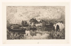 Ansicht eines Dorfes am Wasser mit Brücken rechts und links