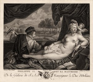 Philipp II. und seine Geliebte nach Tizian, ca. 1780 von Jacques Bouillard