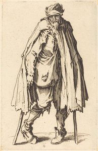 Bettler mit Krücken und Sack