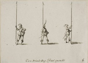 Übung mit erhobenem Spieß, Tafel sechs aus Die militärischen Übungen von Jacques Callot