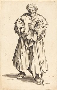 Dicker Bettler mit gesenktem Blick