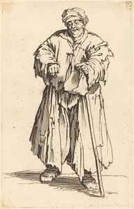 Dicker Bettler mit gesenktem Blick