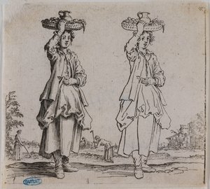 Verschiedene Figuren, Die Bäuerin von vorne mit einem Korb auf dem Kopf. Sechste Nummer einer Serie von 16 Stücken