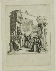 Jesus vor Kaiphas, aus Die Kleine Passion von Jacques Callot