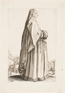Dame in einem langen Schleier und einem Pelzbesetzten Kleid, aus der Serie „Der Adel von Lothringen“ von Jacques Callot