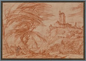 Landschaft, rechts auf einem Hügel ein großer Turm, links eine Baumgruppe und einige Figuren von Jacques Callot