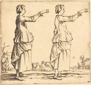 Bäuerin im Profil, nach rechts gewandt, mit ausgestrecktem Arm, 1617 und 1621