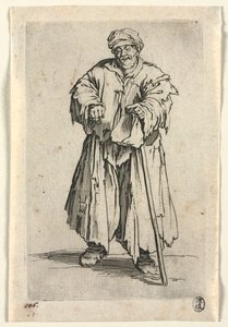Die Bettler: Fettleibiger Bettler mit gesenkten Augen von Jacques Callot