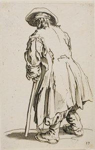 Der alte Bettler, der sich auf seine Krücke stützt, Platte siebzehn aus Die Bettler von Jacques Callot
