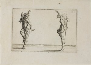 Die zwei Pantalons, die sich gegenseitig ansehen, aus Die Caprices von Jacques Callot