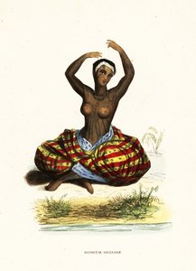 Tätowierte und barbusige junge Frau, die im Sitzen einen Hula tanzt von Jacques Etienne Victor (after) Arago