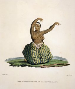 Tanzende Frau von der Insel Maui, auf den Hawaii-Inseln, graviert von Parfait Augrand (geb. 1782) von Jacques Etienne Victor Arago