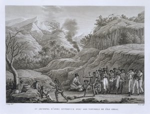 Großes Asiatisches Archipel: Französische Entdecker mit Einheimischen auf der Insel Ombai, aus Voyage Autour du Monde (1817-20), von Louis Claude Desaulses de Freycinet (1779-1842), graviert von Bovinet, veröffentlicht