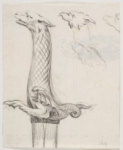 Schwertgriffe in Form eines Drachen sowie drei Drachenköpfe