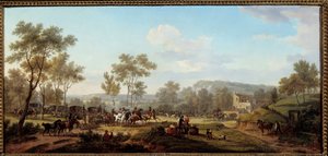 Ein Rennen in der Nähe von Longchamps, Kutschen und Reiter in der Pariser Landschaft
