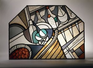 Ein Art-Deco-Buntglasfenster, das eine Cocktailbar darstellt von Jacques Gruber