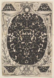 Ovales Anhänger dekoriert mit Schweifwerk, umgeben von kleineren Motiven und gekrönt von..., ca. 1614-19 von Jacques Hurtu