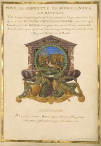 Ms. 11 (4) f.5, Emblem für Louis XIV, ca. 1663-68 (Gouache & Gold auf Pergament)