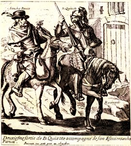 Don Quichotte auf Rossinante, begleitet von Sancho Panca auf seinem Esel Grison, um 1640 (Illustration) von Jacques Lagniet