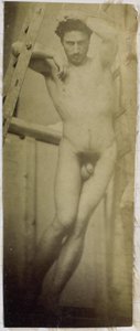 Studie eines männlichen Aktmodells, hängend in einem Holzgestell, im Atelier von Jacques de Lalaing