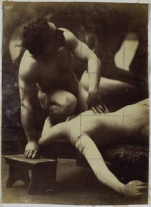 Studie eines männlichen Aktmodells, das mit einer Gliederpuppe ringt, im Atelier von Jacques de Lalaing