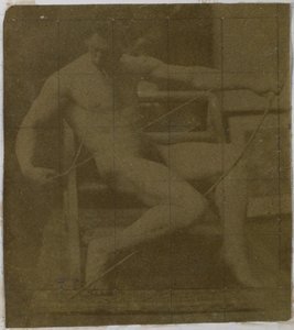 Studie eines männlichen Aktmodells, sitzend auf einer Treppe, von vorne gesehen mit Seil und Bogen auf dem Schoß, im Atelier von Jacques de Lalaing von Jacques Lalaing (attributed to)