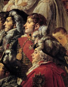 Das Ritual von Napoleon. Detail, das Auguste Jean-Gabriel de Caulaincourt (1777-1809), Eugene Rose de Beauharnais (1781-1824) und Charles Maurice de Talleyrand (1754-1838) während der Krönung von Kaiser Napoleon I. darstellt