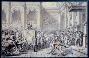 Die Ankunft der Kutsche von Kaiser Napoleon I. (1769-1821) im Hotel de Ville de Paris am 16.12.1804 anlässlich seiner Regierung. Zeichnung von Jacques Louis David (1748-1825) von Jacques Louis David