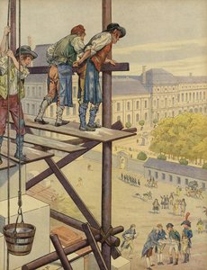 Bauarbeiter blicken vom Gerüst auf den Place des Pyramides hinunter
