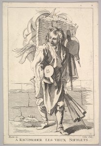 Umgekehrte Kopie von A Racomoder les Vieux Souflets Mend the Old Bellows, aus Le Cri..., 18. Jahrhundert von Jacques Philippe Le Bas