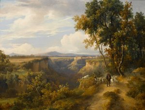 Ein Ziegenhirte und seine Herde in einer italienischen Landschaft, möglicherweise Faleria
