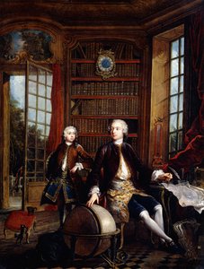 Porträt des Sohnes des Künstlers mit seinem Lehrer, angeblich der Künstler Jean Baptiste de Courtonne der Jüngere, in einer Bibliothek von Jacques de Lajoüe