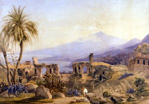 Taormina in Sizilien: die Ruinen und der Ätna. Gemälde von Jacob Suter, um 1850