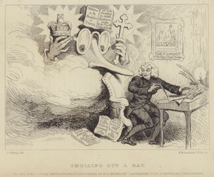 Eine Ratte aufspüren: Der walisische Philosoph, nonkonformistische Prediger und Pamphletist Richard Price erschreckt von einer riesigen, bebrillten Nase, die Edmund Burke darstellt, der ihn bei der Arbeit überrascht, umgeben von Beweisen für Aufruhr gegen  von James (after) Gillray