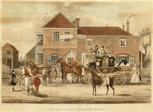 Der Postkutschenwechsel der Pferde, ca. 1825 (Gravur)