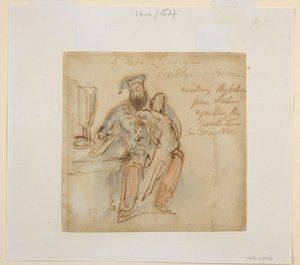 General Avitabile liest an einem Tisch, mit einer Frau auf seinem Knie, möglicherweise seine Favoritin, Begum Peri