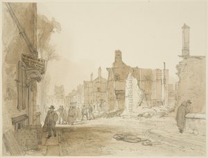 Ruinen des Herrenhauses und Zollhauses im Queen Square nach den Unruhen von James Baker Pyne