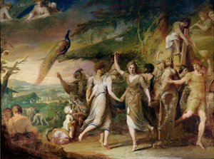 Eine griechische Erntefeier, oder Danksagung an die ländlichen Gottheiten, Ceres, Bacchus, Sylvanus und Pan, zweiter in der Serie Der Fortschritt der menschlichen Kultur und des Wissens, ca. 1777-84 von James Barry