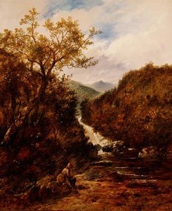 Angler bei einem bewaldeten Wasserfall von James Charles Ward