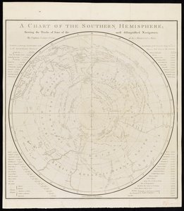 Eine Karte der südlichen Hemisphäre; zeigt die Routen einiger der bekanntesten Entdecker, von Kapitän James Cook, von Seiner Majestät Marine