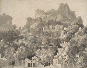 Felsige Landschaft mit klassischen Gebäuden, um 1745