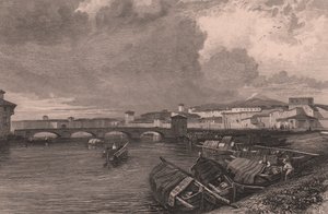 Ansicht des Arno-Flusses in Pisa, Toskana, Italien, Stahlstich von Thomas Higham nach einer Zeichnung von James Duffield Harding
