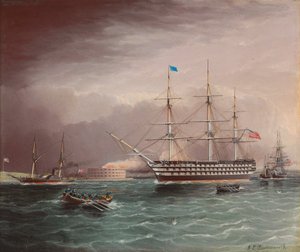 Die U.S.S. Pennsylvania im Schlepp beim Ausbruch des amerikanischen Bürgerkriegs mit Fort Monroe im Hintergrund