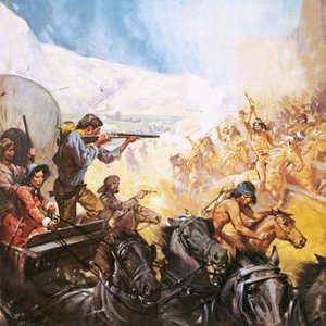 Amerikanische Pioniere schießen auf Rothäute
