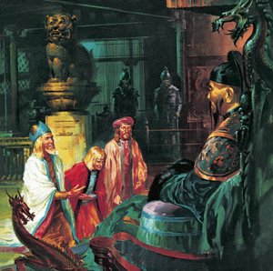 Marco Polo vor Kublai Khan, 20. Jahrhundert (Lithografie)