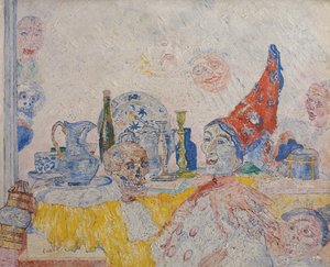 Pierrot und ein Skelett in einer gelben Toga von James Ensor