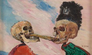 Skelette kämpfen um einen eingelegten Hering von James Ensor