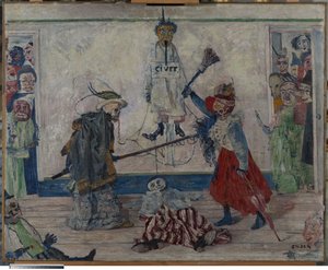 Skelette kämpfen um den Körper eines Gehängten von James Ensor