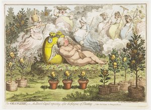 Die Orangerie: Der holländische Amor, ausruhend von den Mühen des Pflanzens, 1796 von James Gillray (signed by artist)