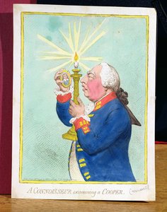 Ein Kenner untersucht einen Cooper, George III (1738-1820), der eine neue Revolution fürchtet, betrachtet ein Porträt von Cromwell, veröffentlicht von Hannah Humphrey